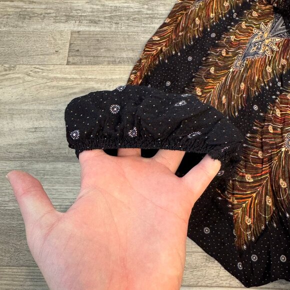 Lofbaz viscose black feather pattern harem pants smocked waist size large M34 - Picture 3 of 6